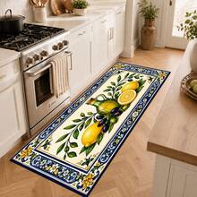 1件裝清新檸檬綠葉花卉廚房地墊，藍色復古邊框聚酯纖維門墊，適用於廚房、玄關與走道裝飾 - 彩色 - 查看 1