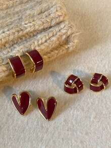 3 Pairs French Vintage Geometric Heart Enamel Stud Earrings Set, Suitable For Women's Daily Commute And Holiday Wear - Burgundy - View 4