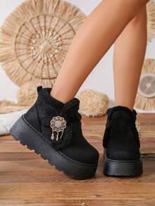 1 Pair New Chinese Style Rhinestone Pendant Thick Sole Snow Boots For Women, Autumn/Winter Thermal Lined Height-Increasing Non-Slip Boots - Black - View 4