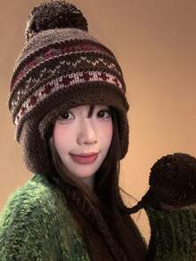 1pc New Fair Isle Thick Wool Knit Hat, Fashionable Knitted Beanie, Warm And Cold-Proof, With Fleece Lining And Pom Pom - Multicolor - View 10