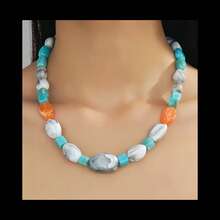 Tie Dye Marble Pattern Acrylic Beaded Necklace, Blue & Orange Contrast Asymmetrical Beads - Multicolor - View 2