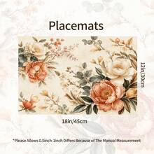 1pc French Vintage Floral Print Linen Style Placemat, Cream Base With Pink Orange Peony Rose Branch And European Scroll Border, Rectangular Table Mat, Elegant Country Style Dining Pad, Breakfast Mat, Kitchen Dining Room Wedding Party Table Decor - Multicolor - View 7