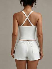 XLLAIS Women's Minimalist Solid Color Criss-Cross Backless Elastic Sports Fitness Camisole Tank Top, Summer White Casual - White - View 2