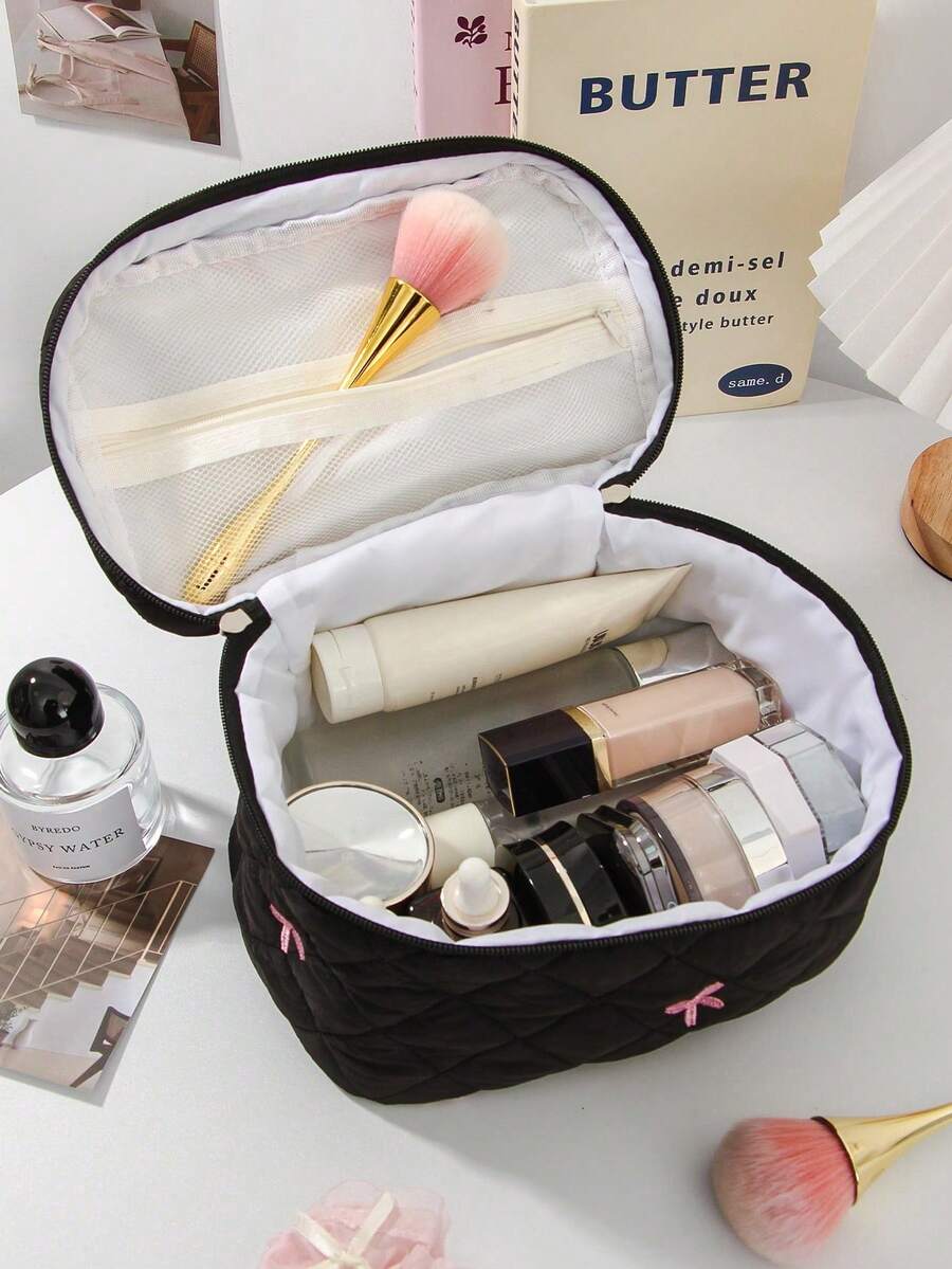 2 Buah Set Tas Kosmetik Wanita dengan Bordir Pita dan Pegangan, Tas Penyimpanan Perlengkapan Mandi Portabel untuk Perjalanan - MultiWarna - View 1