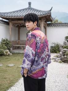 Men's Japanese Dragon Pattern Open Front Casual Shirt - Vintage Purple Pink Loose Fit Summer Top, Machine Washable, Multi-Size Suitable For Indoor And Outdoor Wear, Loose Kimono Style, Non-Sheer Fabric, Please Check Size Chart Carefully - Purple - View 3