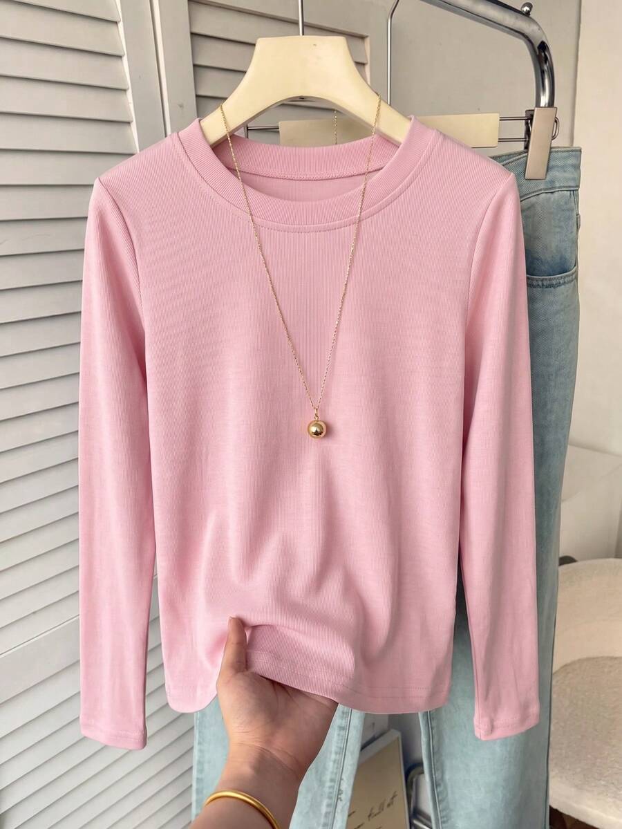 1pc Minimalist Solid Color Basic Long Sleeve Autumn/Winter Top For Girls, Elastic Soft Skin-Friendly Knit Fabric, Suitable For Teen Students' Daily T-Shirt - Pink - View 1