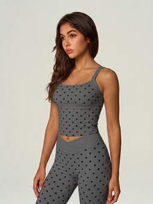 UONNOU 2pcs Polka Dot Square Neck Criss-Cross Back Camisole + Criss-Cross Waist Flare Pants Sports Set - Grey - View 3