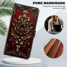 GLANDOTU Vintage Baroque Style Red & Gold Floral Pattern PU Leather Phone Wallet Case, With Card Slots, Lanyard And Stand, Compatible With Multiple Phone Brands And Models - Multicolor - View 3