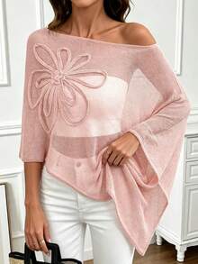 Plus Size Women's Asymmetric Design Poncho-Style Knit Top, Suitable For Spring, Summer And Autumn Beach/Holiday Wear Pink - Pink - View 2