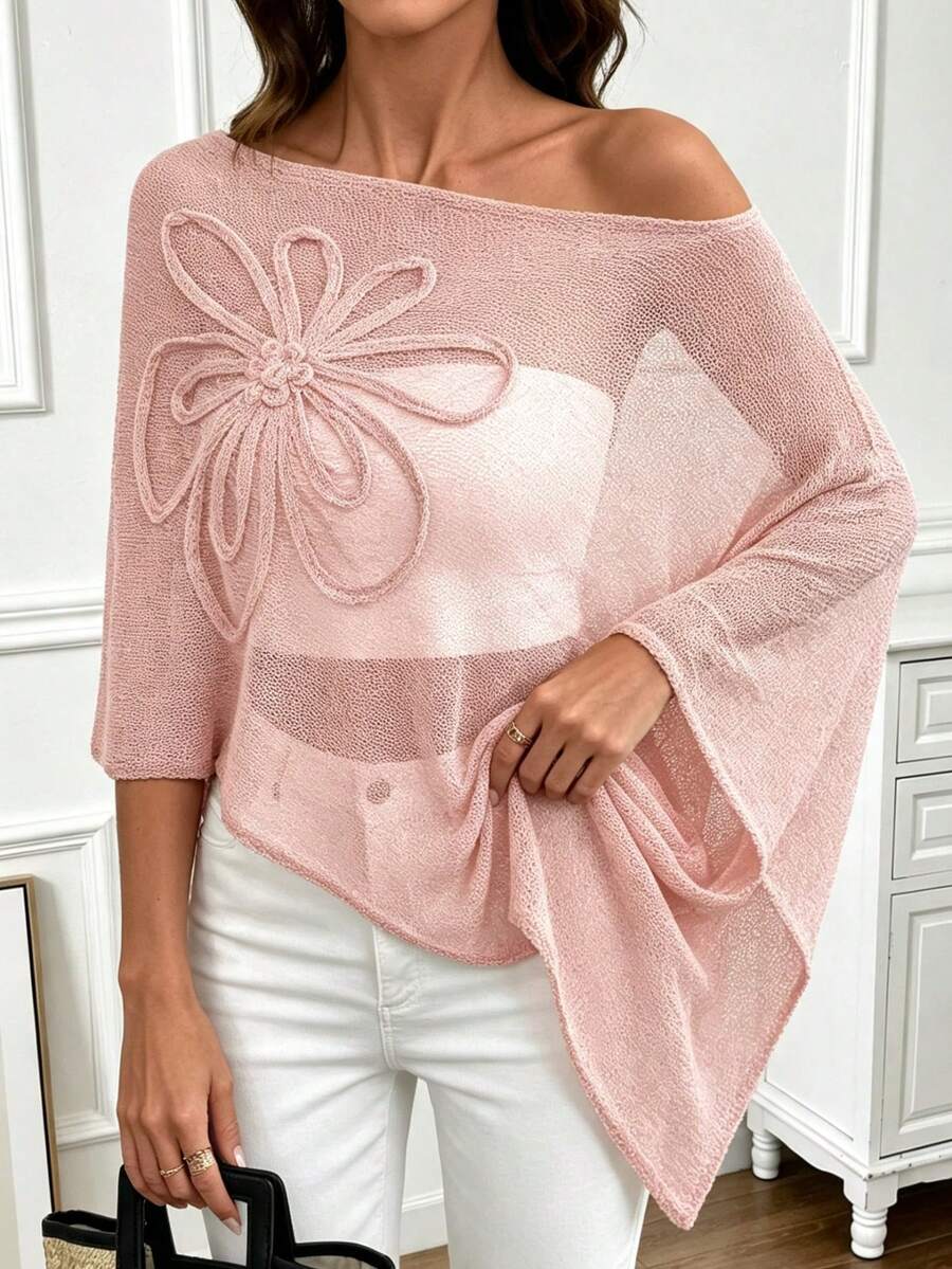 Plus Size Women's Asymmetric Design Poncho-Style Knit Top, Suitable For Spring, Summer And Autumn Beach/Holiday Wear Pink