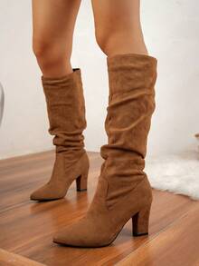 Women's Fashion Thin Heel Pointed Toe Ruched Boots - Brown - View 4