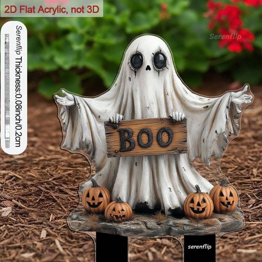 1pc 2D Flat Acrylic Garden Stake With Pointed Tip, 9.06 Inches, Holding "BOO" Sign With Pumpkin Pattern, Halloween Decoration For Flower Bed And Planter, Perfect Outdoor Yard Gift - Ghost - View 1