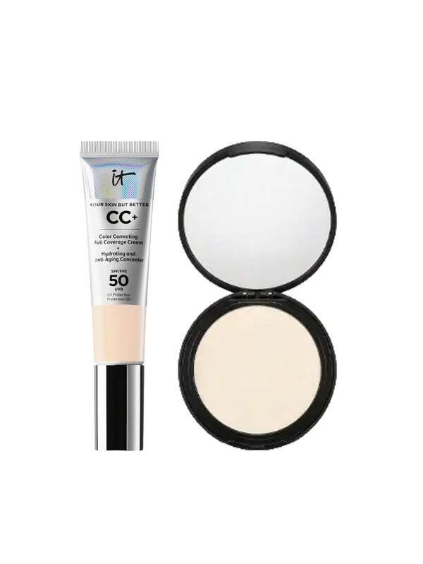 IT Cosmetics [حزمة] بودرة تثبيت مضغوطة شفافة Bye Bye Pores 9 جرام + كريم CC+ أساس تغطية كاملة SPF50 فاتح فاتح 32 مل