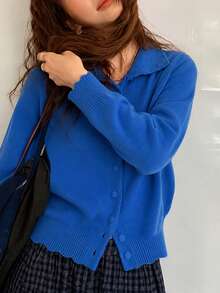 Jaket Kardigan Rajut Kasual Minimalis Wanita Musim Gugur/Dingin - Biru - View 4