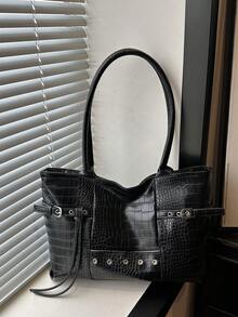 New Casual Crocodile Pattern PU Leather Large Capacity Handbag, Designed For Women, Fashionable And Minimalist, Solid Color, Zipper Closure, Suitable For Women's Shoulder Carry And Handheld Use, Women's Handbag - Black - View 9