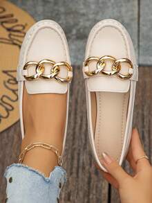 Sepatu Loafer Slip-On Elegan Rantai Beige Terbaru untuk Wanita Musim Semi 2026, Ringan, Nyaman, Serbaguna, dan Bersol Lembut. - Krem - View 2