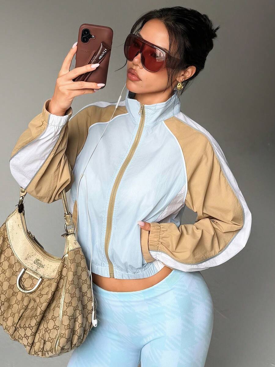 Jaket Pendek Tahan Angin Lengan Raglan Colorblock Kasual Sporty dengan Resleting Depan, Pakaian Luar Olahraga Kasual Musim Dingin - Khaki - View 1