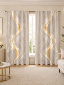 2PCS Off-White Abstract Curve Curtains, Polyester Digital Print, Curved Geometric Pattern, Modern Luxury Style Rod Pocket Fabric Curtains, Bedroom Living Room Window Decor, Machine Washable - Multicolor - View 3