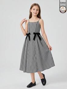 女童棉紗染格紋細肩帶洋裝，四季穿著，校園風休閒日常穿搭，開學必備，拼色甜美蝴蝶結裝飾 - 黑與白 - 查看 3