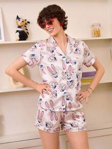 Disney 2pcs Cartoon Print Casual Versatile Short Sleeve Button-Front Pocket Top And Elastic Waist Shorts Women's Pajama Set, Suitable For All Seasons Home Wear - White - View 1
