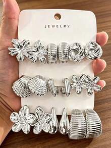 6-18pcs Silver Fashion Earrings Set, Stylish And Elegant, Suitable For Daily, Party And Event Occasions - Multicolor - View 1