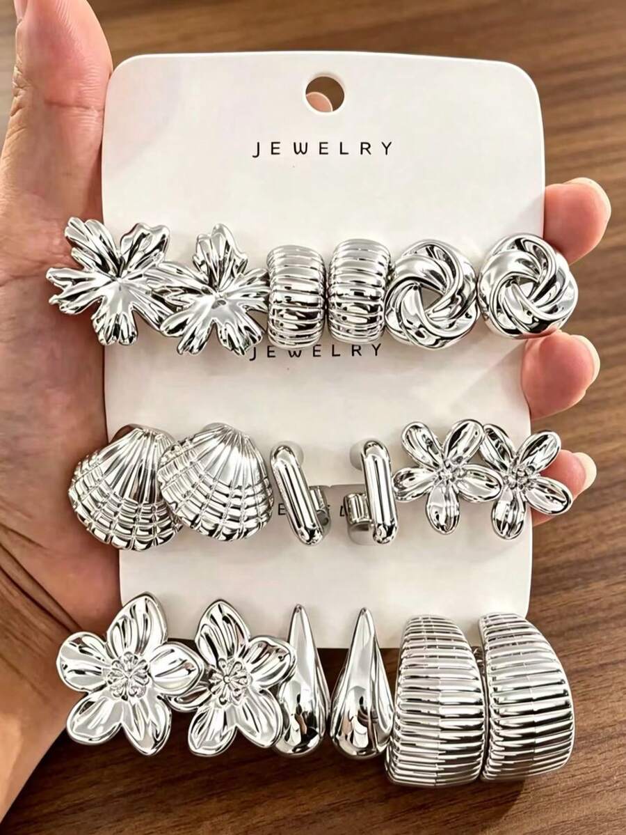 6-18pcs Silver Fashion Earrings Set, Stylish And Elegant, Suitable For Daily, Party And Event Occasions - Multicolor - View 1