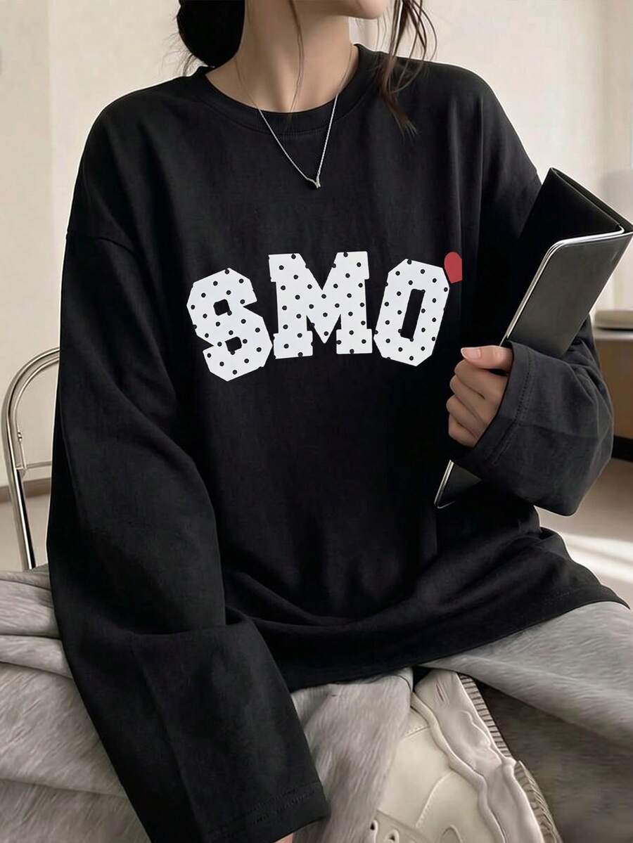 Women's Spring/Autumn Fashion Loose Versatile Letter Print Pattern Long Sleeve T-Shirt Black Casual - Black - View 1