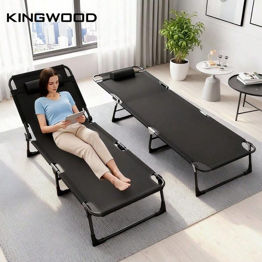 سرير قيلولة قابل للطي من KINGWOOD مع حامل أكواب، كرسي استرخاء بعرض إضافي 56 سم، بدون الحاجة إلى تجميع، سرير نوم محمول، مسند ظهر قابل للتعديل، مناسب للبالغين للاستخدام الداخلي والخارجي - الأسود - مشاهدة 1