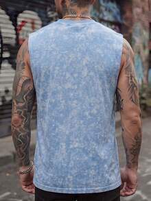 Hawaiian Style Coconut Tree & Bird Print Men's Tie-Dye Loose Fit Sleeveless Tank Top Casual Travel Tee - Blue - View 9