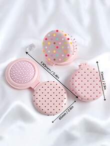 New Pink Multicolor Polka Dot Round Folding Comb With Mirror, Portable Compact 2-In-1 Makeup Mirror Comb, Women's Mini Foldable Air Cushion Massage Brush, Suitable For Wedding, Office, Business Trip, Performance, Back To School, Travel Essential - Multicolor - View 6