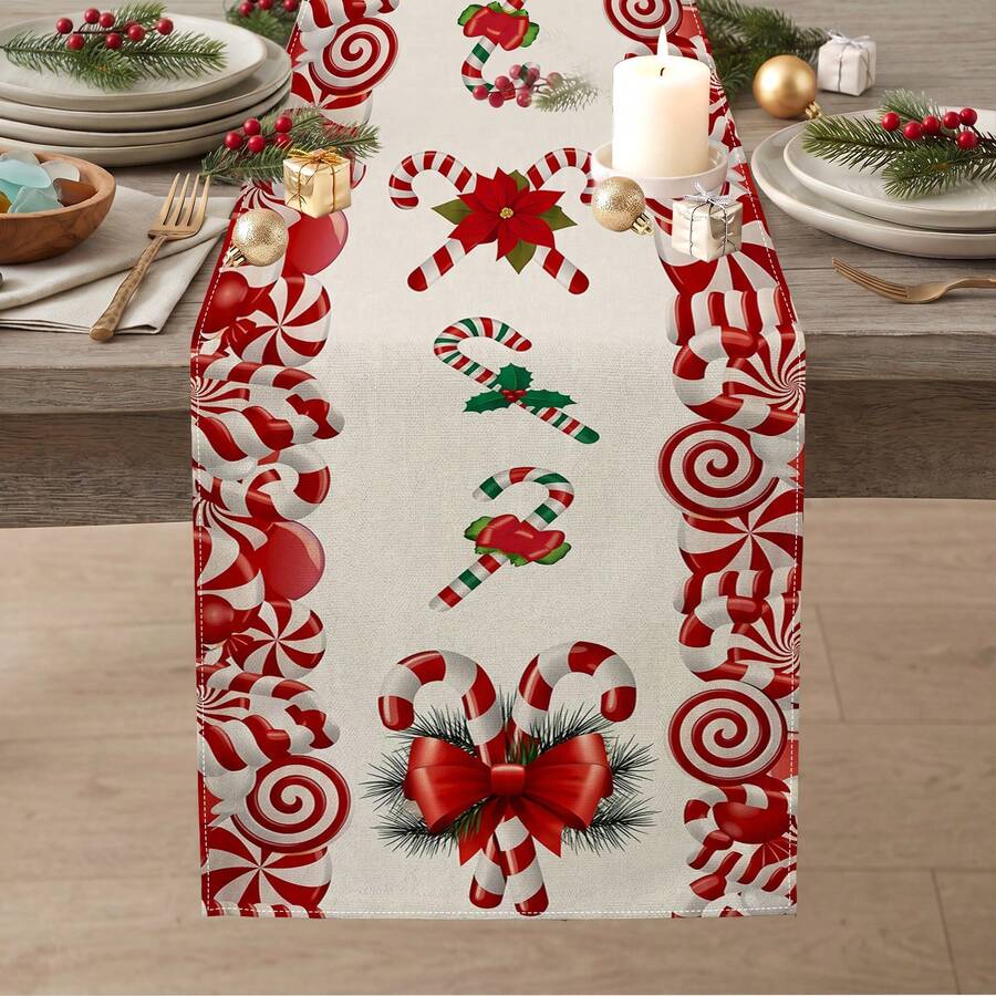 1pc Christmas Candy Print Table Runner, Suitable For Holiday, Party, Dinner, Restaurant Table Decor, Home Autumn/Winter Decoration - Multicolor - View 1