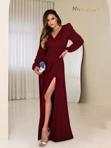 Scarlet NM Nana Marie Long Sleeve V Neck Slit Flowy Evening Dress Formal Bridesmaid Dress - 紅木色 - 查看 8