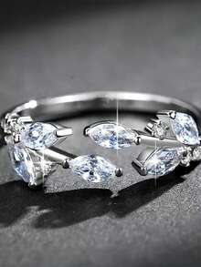 1 pieza Anillo abierto de diseño versátil minimalista elegante y exquisito con circonita totalmente pavimentada, estilo Ins con hoja y estética fría, adecuado para uso diario, vacaciones, fiestas, accesorio de vestir, regalo para novia y amiga - Multicolor - Ver 5