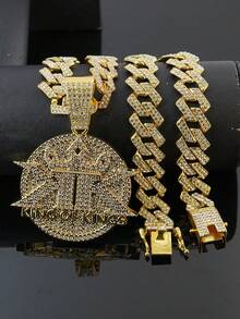 European And American Hip Hop Heavy Work Full Rhinestone KING OF KINGS Crown Round Pendant Cuban Chain, Unisex Rhinestone Thick Chain, American Rap Street Style Bold Gold And Silver Dual Color Collarbone Necklace - Ace Pendant Necklace - View 7