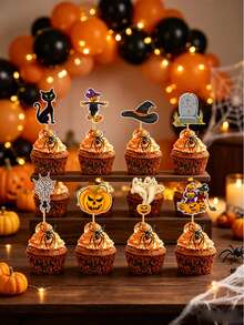 1 Set Halloween Cupcake Decorations, Spider Web, Pumpkin Toppers, Party Decor, Suitable For Holiday Party Decoration, Atmosphere Props - Multicolor - View 4