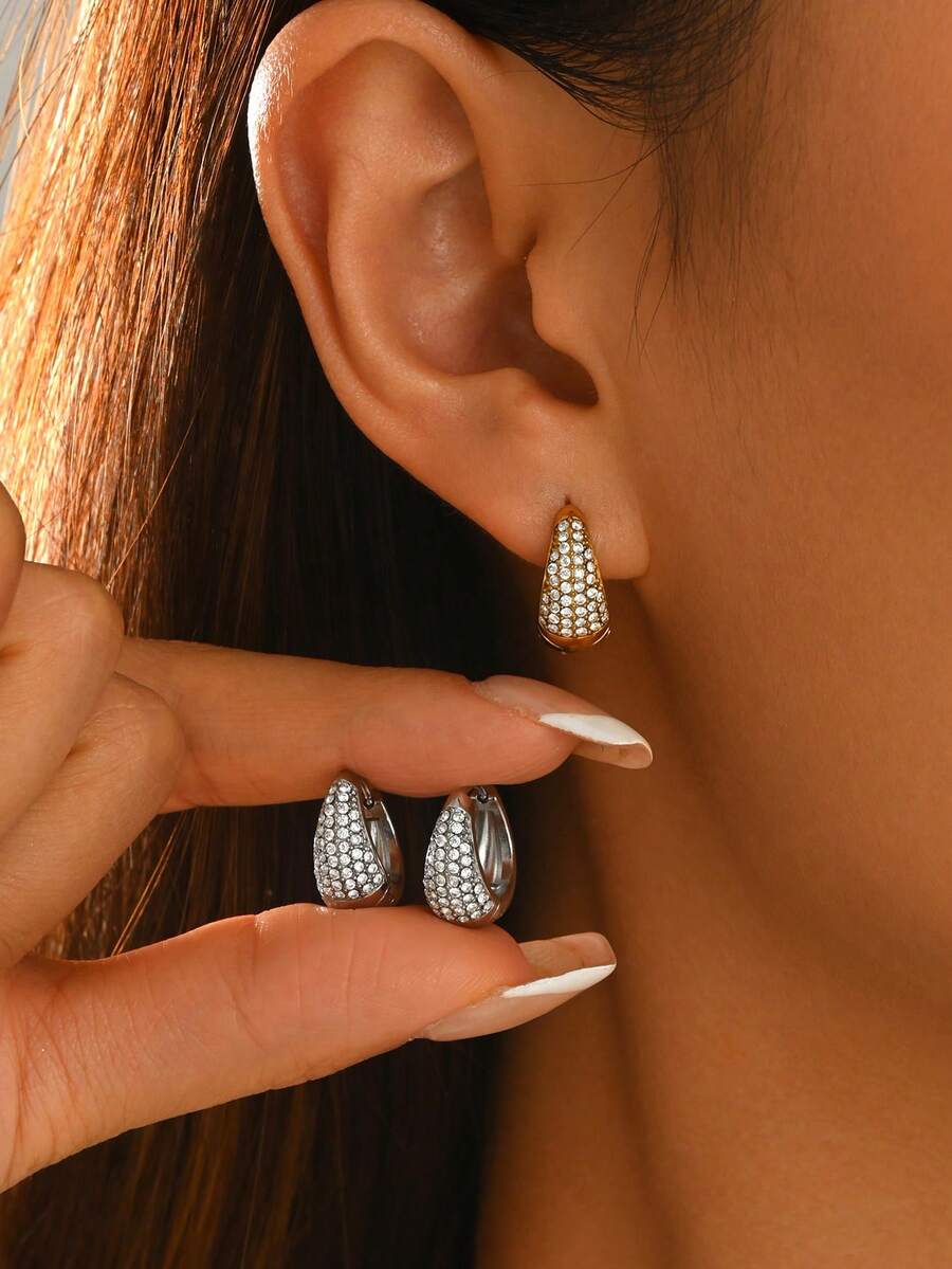 1 Pair Full Rhinestone Teardrop Ear Cuffs, Hypoallergenic Stainless Steel 18K Gold Plated, Niche Fashion High-End Zirconia Inlaid Ear Hoops, Light Luxury Sparkling Diamond Minimalist Style, Versatile Commuter Elegant Earrings, Suitable For Dating, Vacation, Gift-Giving Accessories - Earrings - View 1