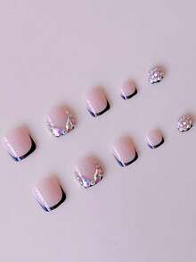 12PCS Short Square Toe Nails White French White Floral Gradient 3D Rhinestone Toe Nail Set Wedding Wearable Nails Suitable For Women Daily And Party - Multicolor - View 3