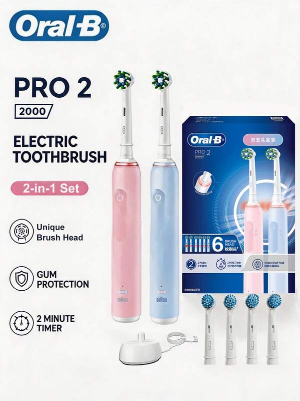 Oral-B Electric Toothbrush, 2-in-1 Set, 2-Minute Timer, Smart Pressure Control, Equip with 2 Handles 6 Brush Heads and 1 USB-Charger