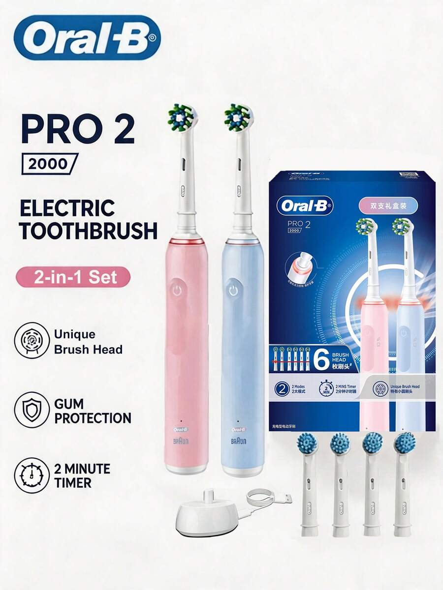 Oral-B Electric Toothbrush 2-In-1 Set, 2-Minute Timer, Smart Pressure Control, Includes 2 Handles, 6 Brush Heads And 1 USB Charger