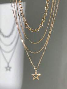 4pcs/Set Fashion Gold Vintage Minimalist Star Pendant Chain Necklace Jewelry Set - Gold - View 6