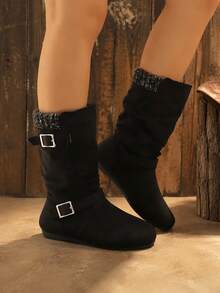 Women Casual Boots, Slouchy Mid Calf Boots With Buckle Strap - Black - View 2