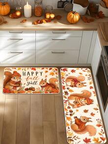 1/16Pcs Happy Fall Y'all Theme Doormat, Thanksgiving Door Mat, Printed With Cute Squirrel And Maple Leaf Patterns, Autumn Harvest Festival Decor Mat, Welcome Kitchen Rug, Dirt-Resistant Floor Mat, Autumn Party Decoration - Multicolor - View 3
