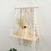 Prateleira de Armazenamento de Parede Tecida à Mão Estilo Boêmio, Estante de Livros, Prateleira de Exibição de Plantas em Vasos, Decoração de Parede de Armazenamento para Sala de Estar de Pousada - Bege de camada única - Visão 6
