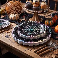 10/20/50pcs Holographic Spider Web Disposable Scalloped Edge Paper Plates, 7 Inch And 9 Inch, Iridescent Halloween Scalloped Edge Party Plates, Black Base Rainbow Gradient Spider Star Dinner Plates, Halloween Horror Party Tableware, Halloween Trick Or Treat - View 5
