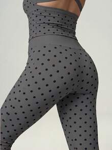 UONNOU 2pcs Polka Dot Square Neck Criss-Cross Back Camisole + Criss-Cross Waist Flare Pants Sports Set - Grey - View 6