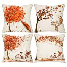 4pcs Autumn Themed Pillowcase With Maple Leaf Bicycle And Tree Design Pattern, Suitable For Sofa Beds And Car Decorations. Machine Washable Polyester Pillowcase (Excluding Pillow Core) - Multicolor - View 8