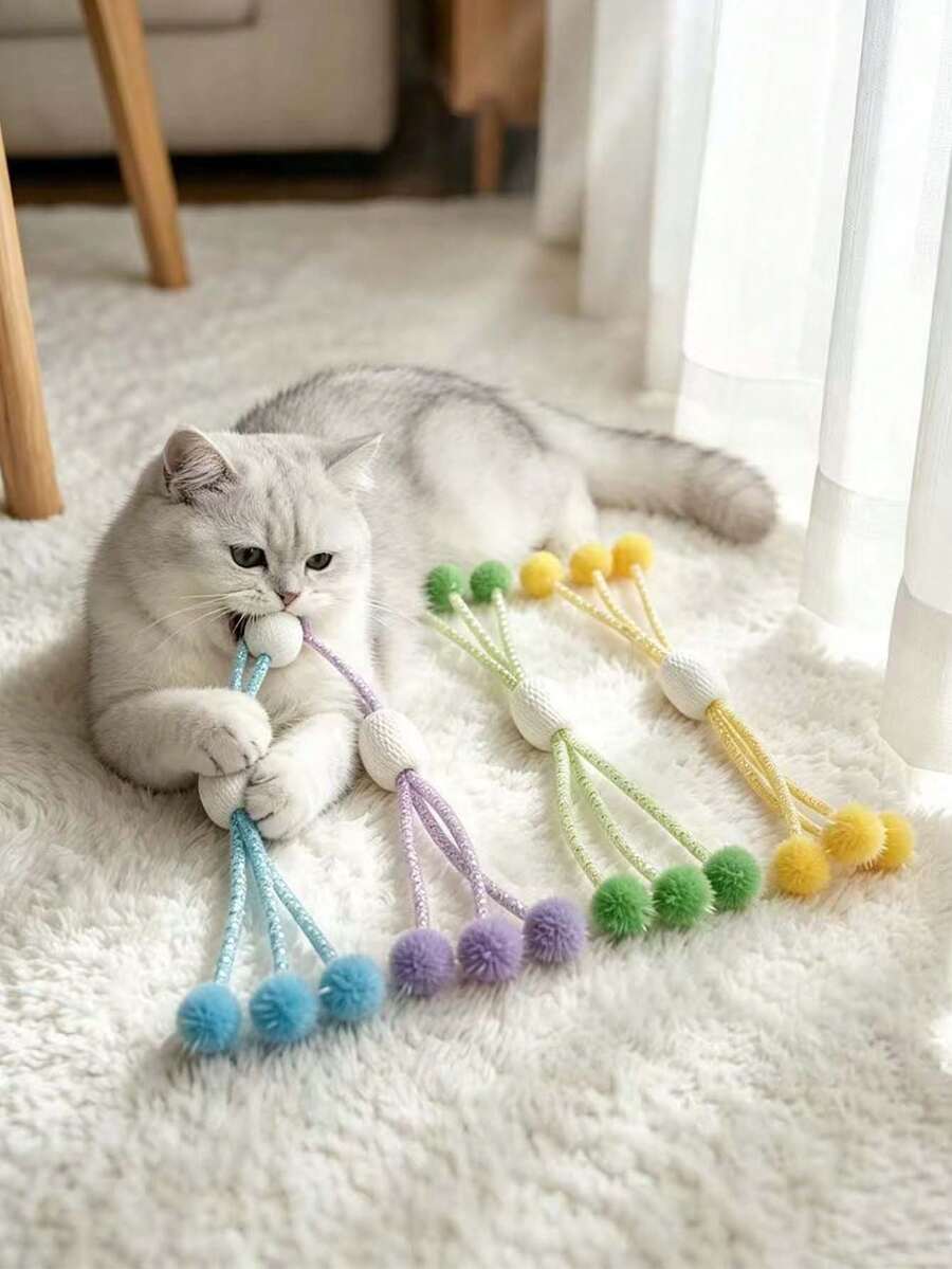1Pc Colorful Pom‑Pom Rope Interactive Cat Toy, Soft Teething Interactive Kitten Toy, Durable Braided String Cat Self‑Play Entertainment Toy, Cute Pet Bite Resistant Play Toy For Indoor Cats Stress Relief Daily Playing - View 1