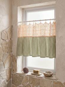 1/2pcs Green & White Plaid Patchwork Beige Hollow Woven Half Curtain, Fresh Country Style, Rectangular Top Hollow Lace & Bottom Scalloped Edge Detail, Shading & Decorative Function, Suitable For Kitchen Windows & Fresh Home Decor - Green - View 5