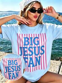 Big Jesus Fan Graphic Top-Loose-Fit Easy Relaxed Style, - Light Blue - View 2