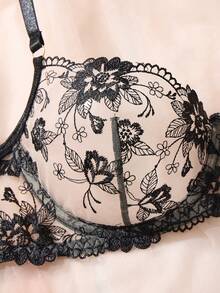 Black Floral Embroidery Sheer Mesh Lingerie Set,Adjustable Thin Strap Underwire Bra Gold Hardware Decor Strappy Matching Thong - Black - View 4